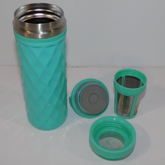 Davids Tea Blue Teal Diamond Pattern Travel Tea Infuser mug Tumbler Turquoise - Picture 1 of 9